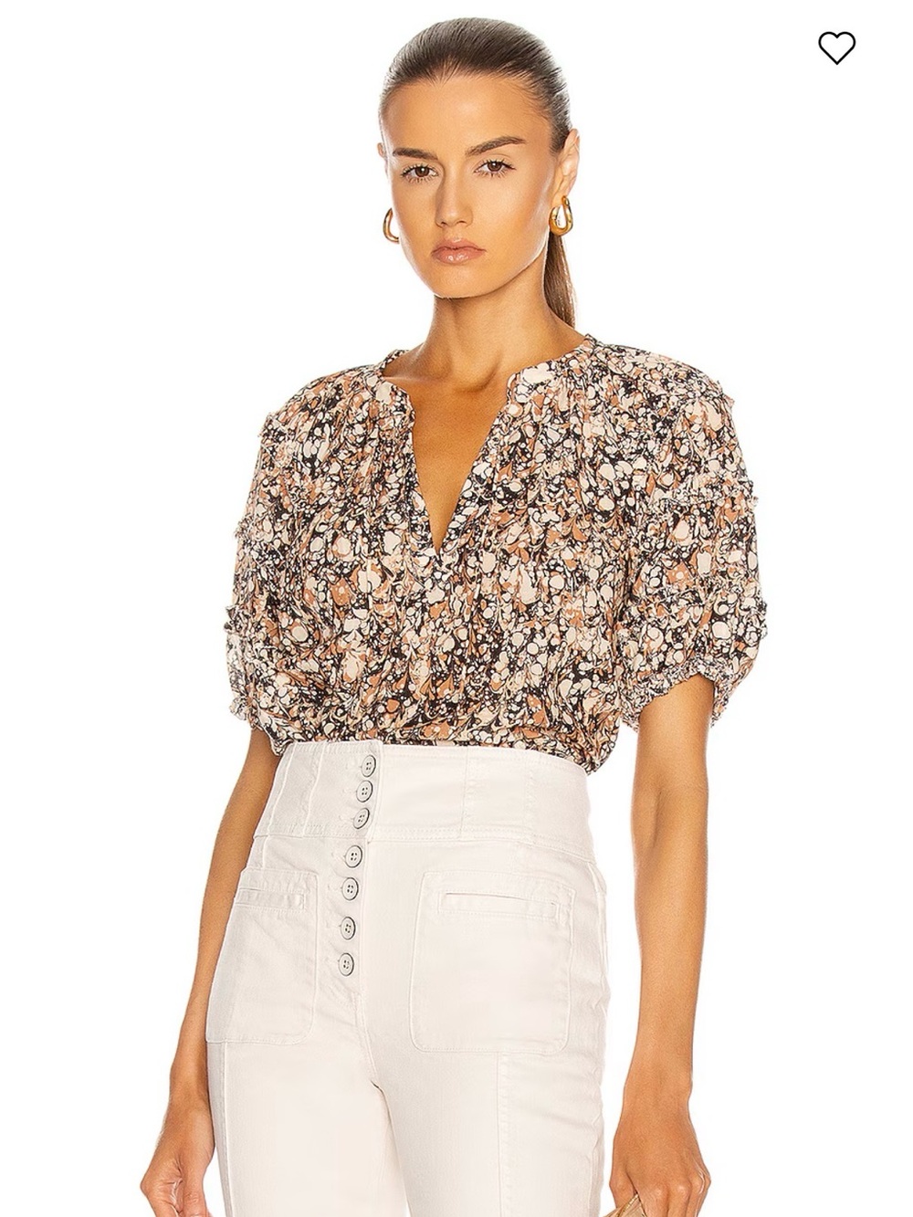 Ulla Johnson Lia Floral Puff-Sleeve V-Neck Blouse in Beige and Black